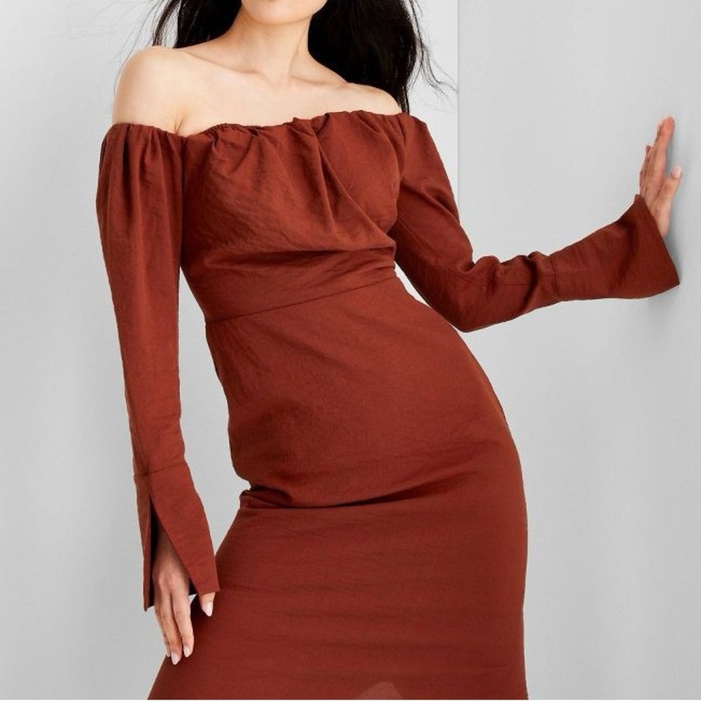 Future Collective With Reese - Off Shoulder Long Sleeve Midi Dress - Rust - 16